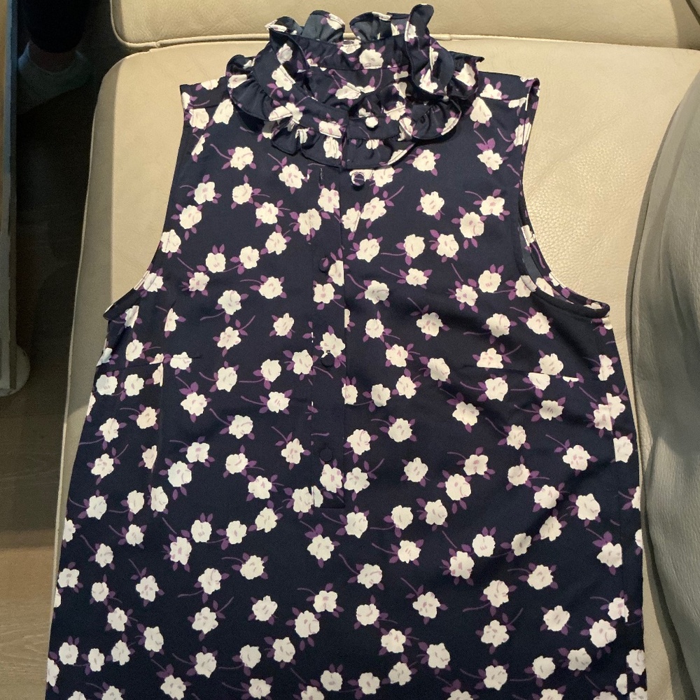 J. Crew Navy Violet Ruffle-Neck Top In Scattered Peony Print XXS NWT